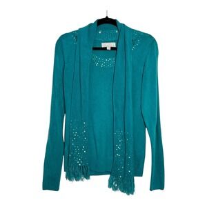 Carolyn Taylor Womens Teal Sequin Embellished Sweater and Fringed Scarf Set M